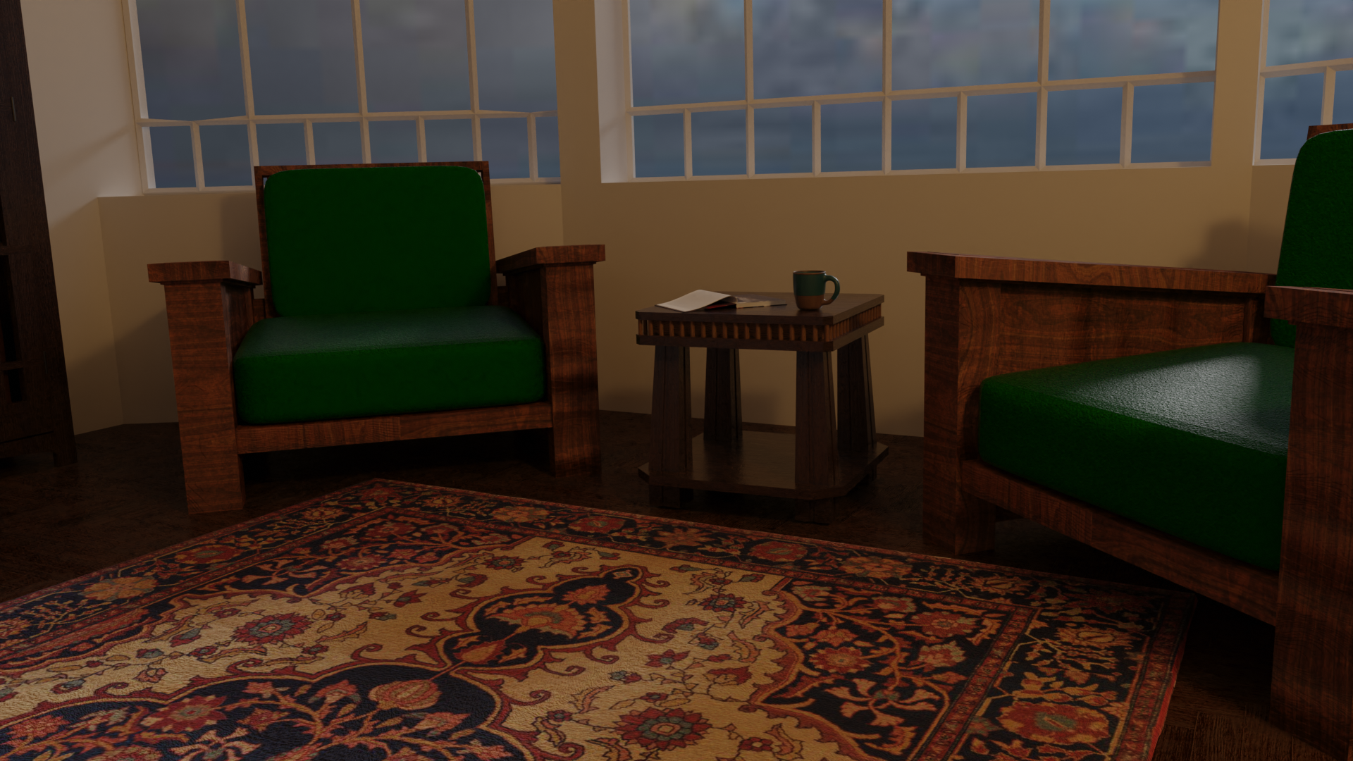 Armchairs in craftsman style, and a side table between them. .