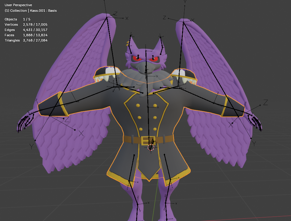 A screenshot of a lord kass model in T Pose with blender rigging around it. 