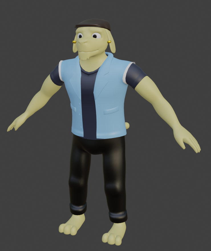 A Model of a Tungus. Wearing a flat cap, and a denim jacket with ripped off sleeves.