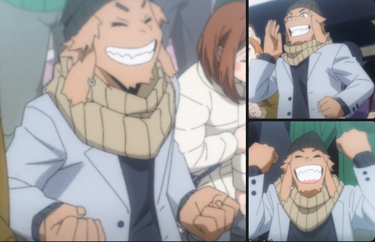 The unnamed background character from BNHA that inspired the model. he is an anthro character, with a flat not visible nose, big smile, and long ears that droop down the sides of his head. He wears a knit cap, a scarf, and a blazer. 