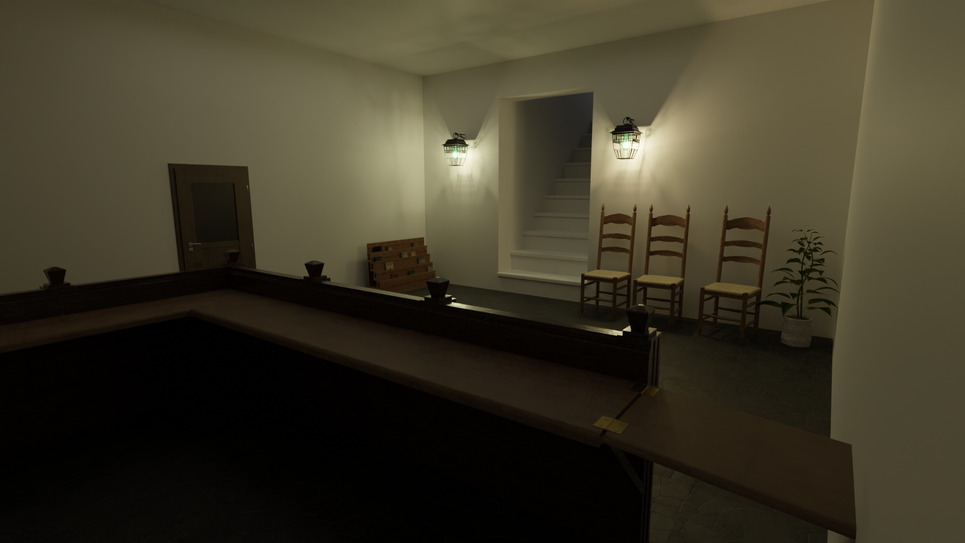 A basement scene with stick chairs, a decorative wood countertop, and a waiting room.