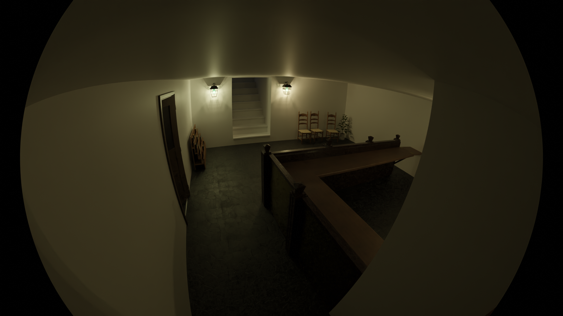 Another angle of a basement scene with stick chairs, a decorative wood countertop, and a waiting room.