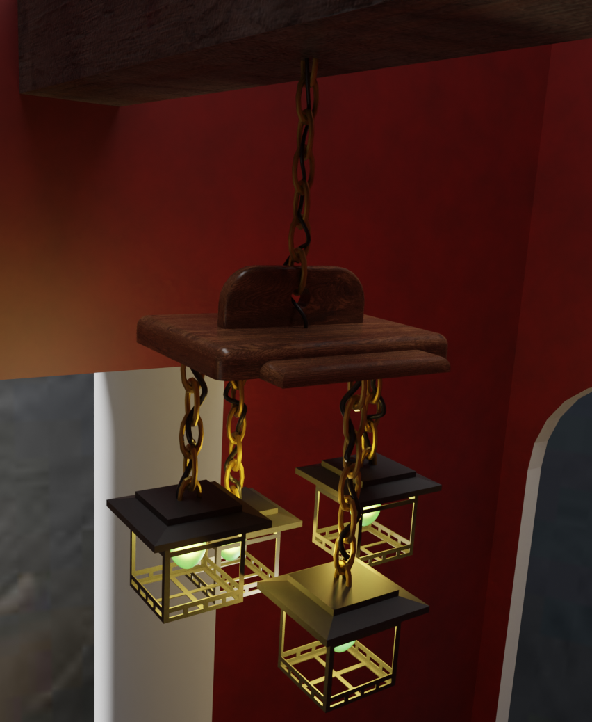 Brass chandelier hanging from a wooden beam.