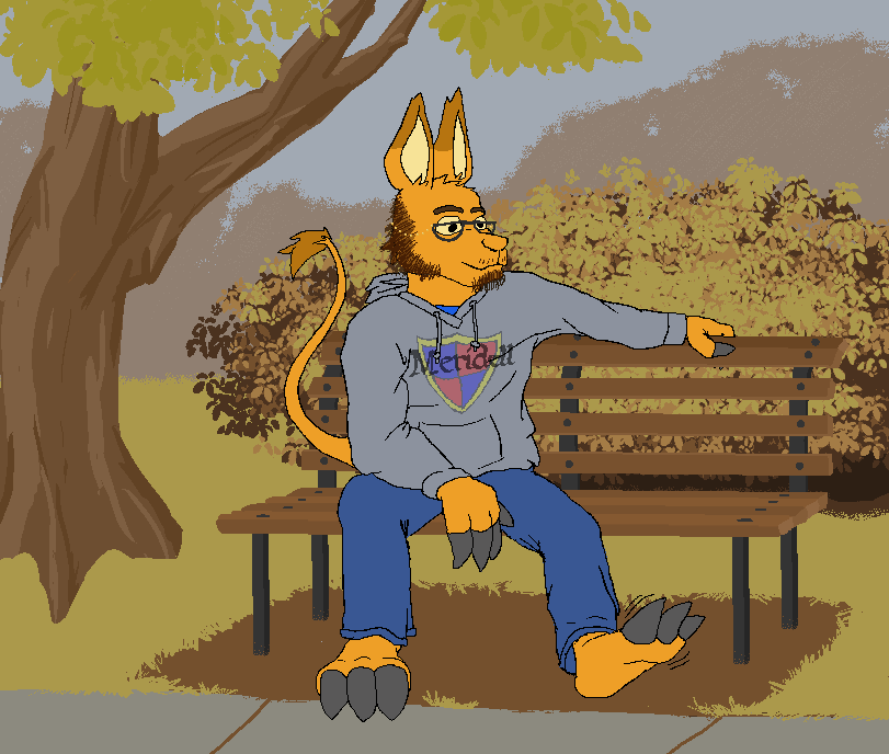 A very casual orange anthropomorphic Bori sits on a park bench in a urban fall park scene. They wear bluejeans and a grey frumpt sweatshirt with the Meridell crest on it, akin to a university T-shirt.