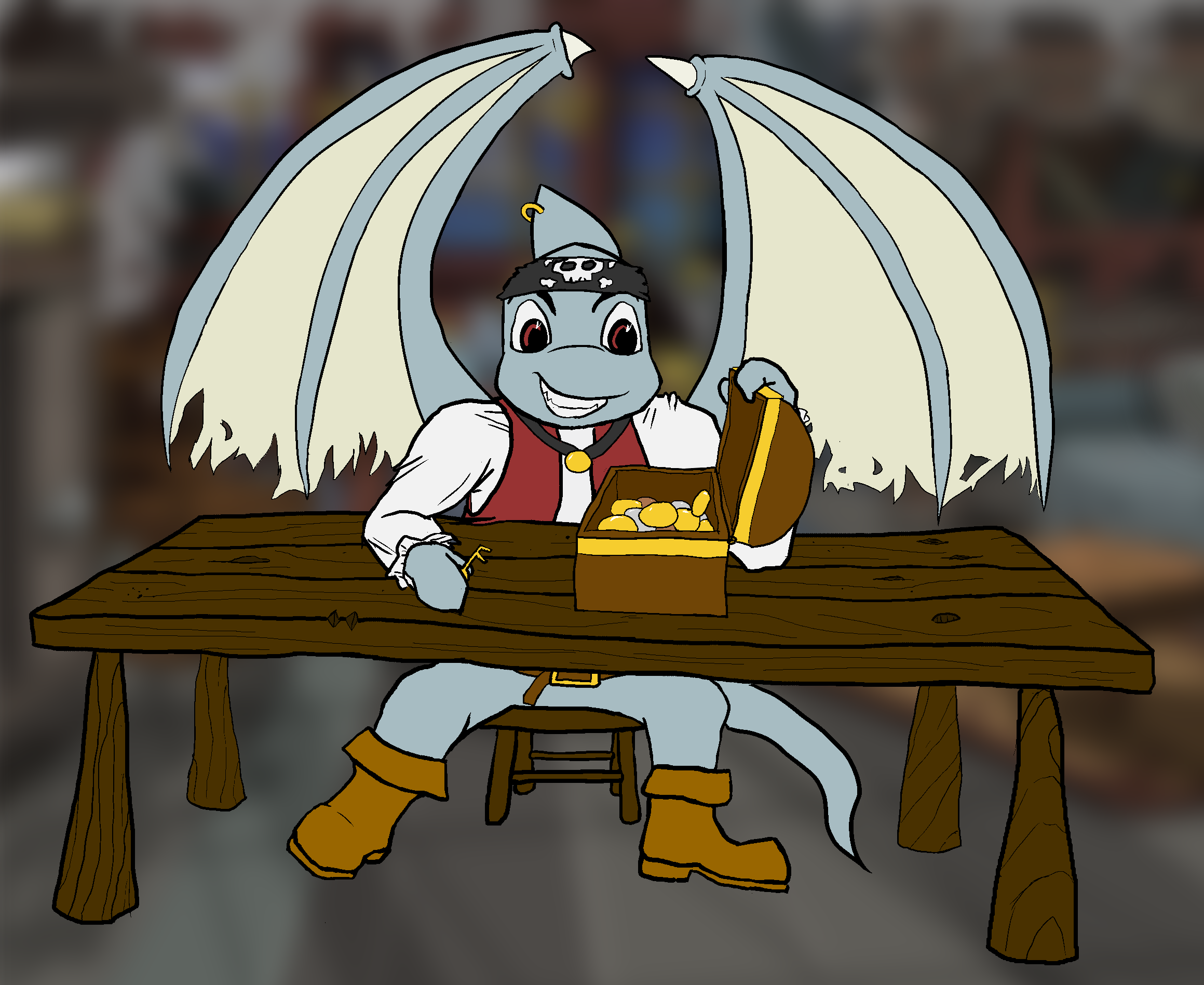 AlexHawkeye, a pirate Shoyru, sits at a table, admiring the treasure in the chest he just opened up..