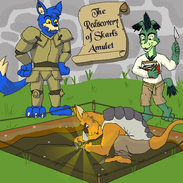 Jeran peers into an archaeology test pit that Gaius is digging in. Gaius is looking on in wonder as he is uncovering a glinting golden amulet. Wolcot is on the side of the pit, having returned with more supplies