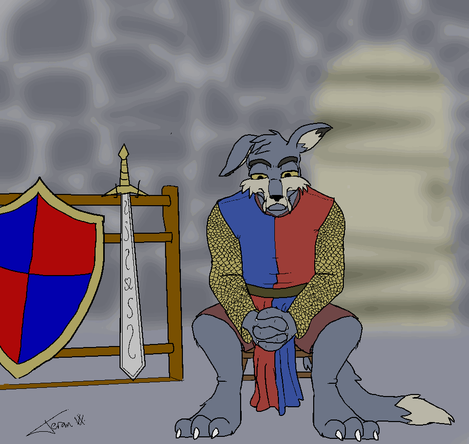 Jeran sits on a bench inside the castle, near a weapon rack. His royal blue hue is muted and grey, and his posture shows a sadness and depression.