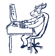 a sketchy drawing of an anthro goat happily sitting at the computer