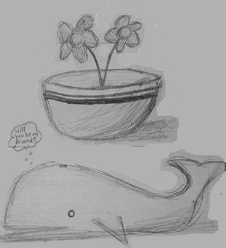 a sketchy drawing of a whale, and bowl of petunias. The whale has a thought bubble that says 'will you be my friend?'