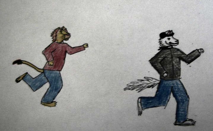 A sketchy drawing of an anthro lion chasing an anthro wolf.