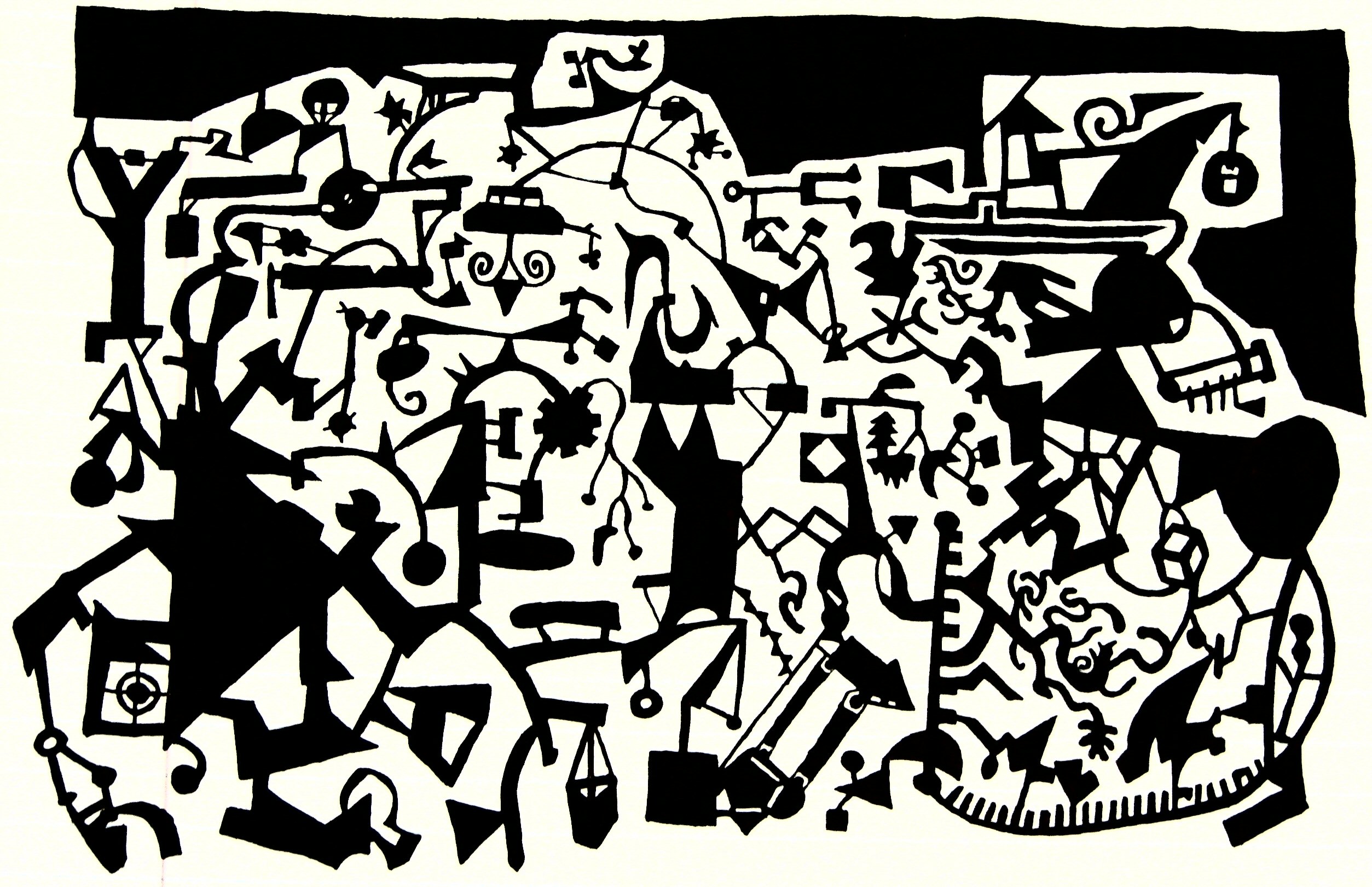 a black and white doodle of various abstract shapes connected together.