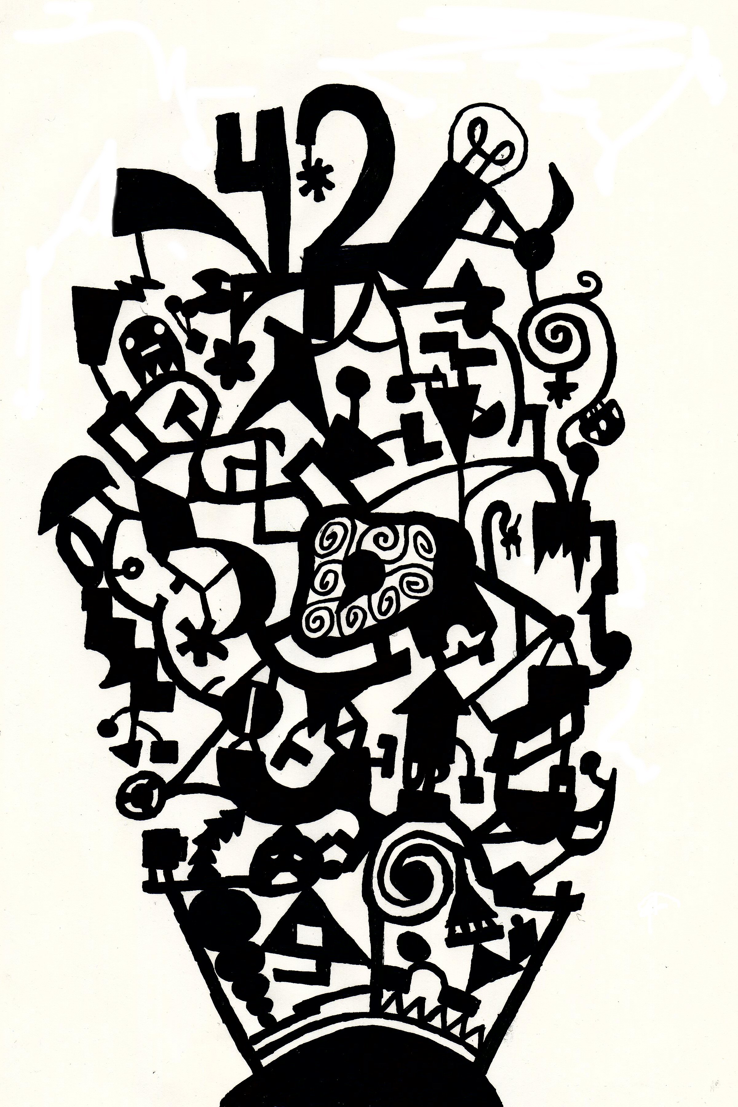 a black and white doodle of various abstract shapes connected together.