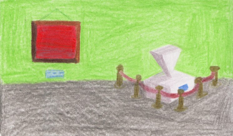 colored pencil rendering of a generic art gallery room space.