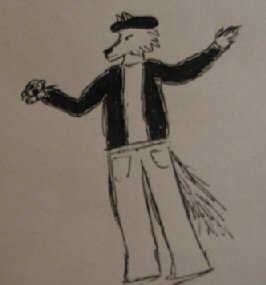 a sketchydrawing of the same anthro wolf holding an orange with x'ed eyes..