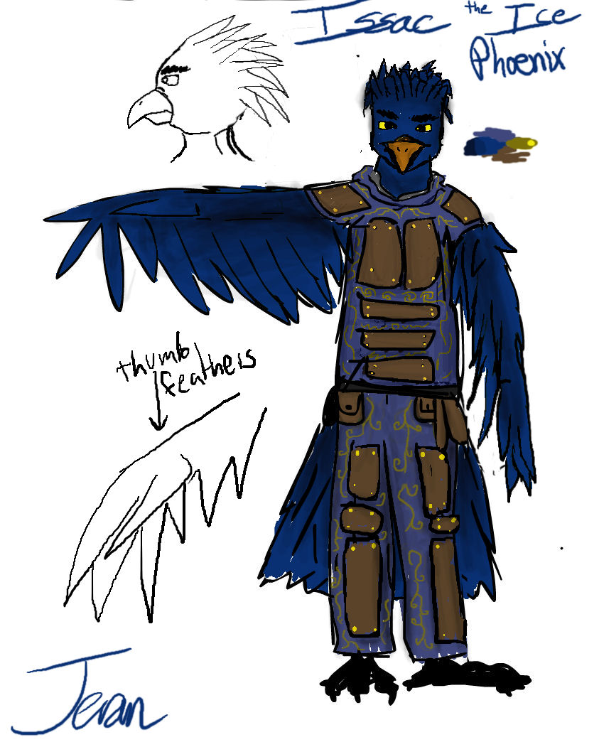 a ref sheet for Isaac from Landwalkers. A Blue Phoenix wearing some fancy armour.