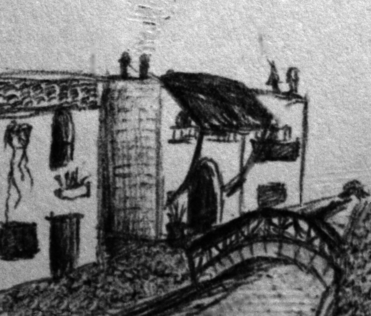 a sketchy pen drawing of a ventian-like scene.