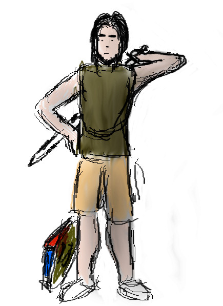 A very sketchy drawing of a human with a casual pose, carrying but not wearing armour. He holds a sword over his shoulder though.